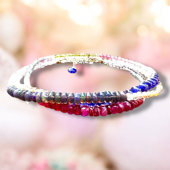 14K Gold Rubellite, Sapphire, Black Opal Wrap Bracelet Convertible Necklace - Picture 3 of 7
